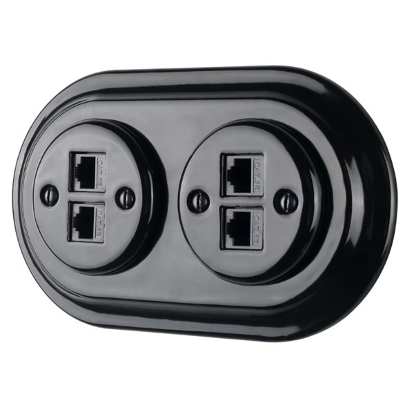 Dupla RJ45 aljzat – fekete porcelán kerettel (2×RJ45, CAT5e/CAT6)